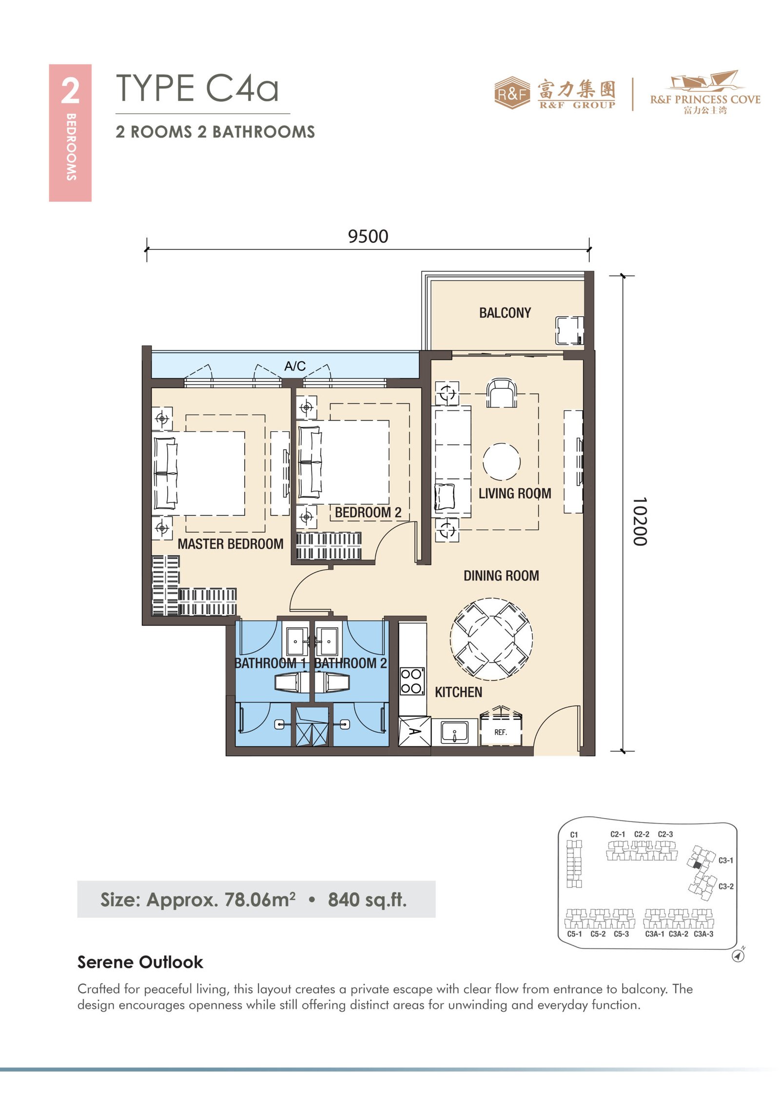 R&F Princess Cove Phase 3 Type C4a floor plan — 840 sq ft two-bedroom in Block C3-1, Johor Bahru