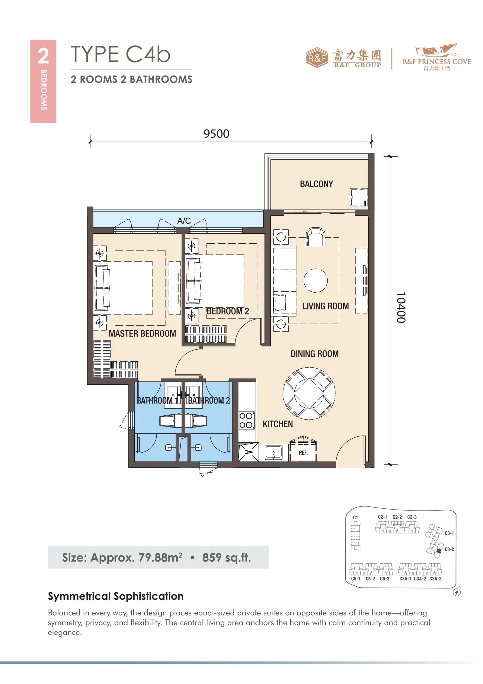 R&F Princess Cove Phase 3 Type C4b floor plan — 859 sq ft two-bedroom in Block C3-2, Johor Bahru