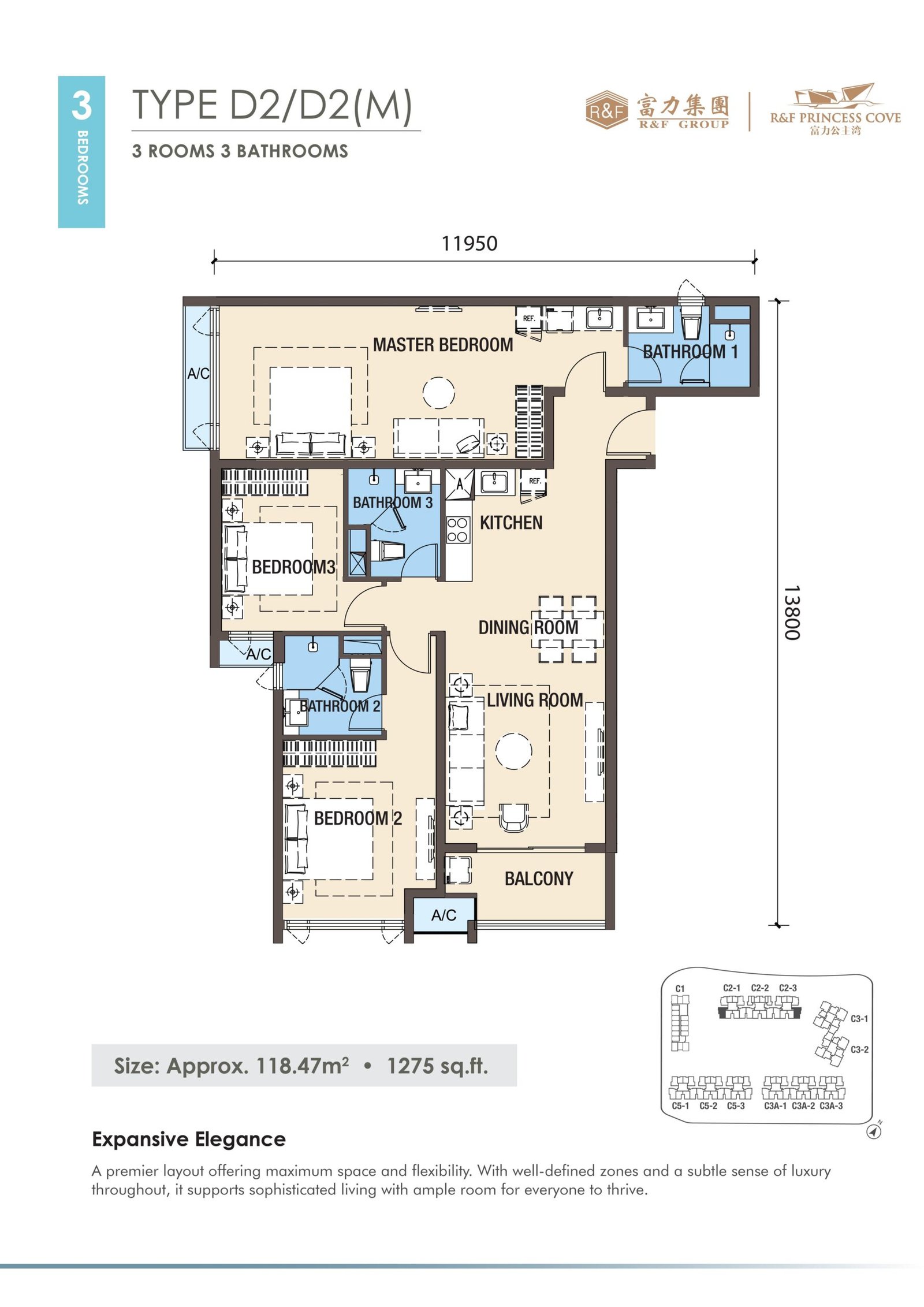 R&F Princess Cove Phase 3 Type D2 floor plan — 1,275 sq ft three-bedroom, Johor Bahru