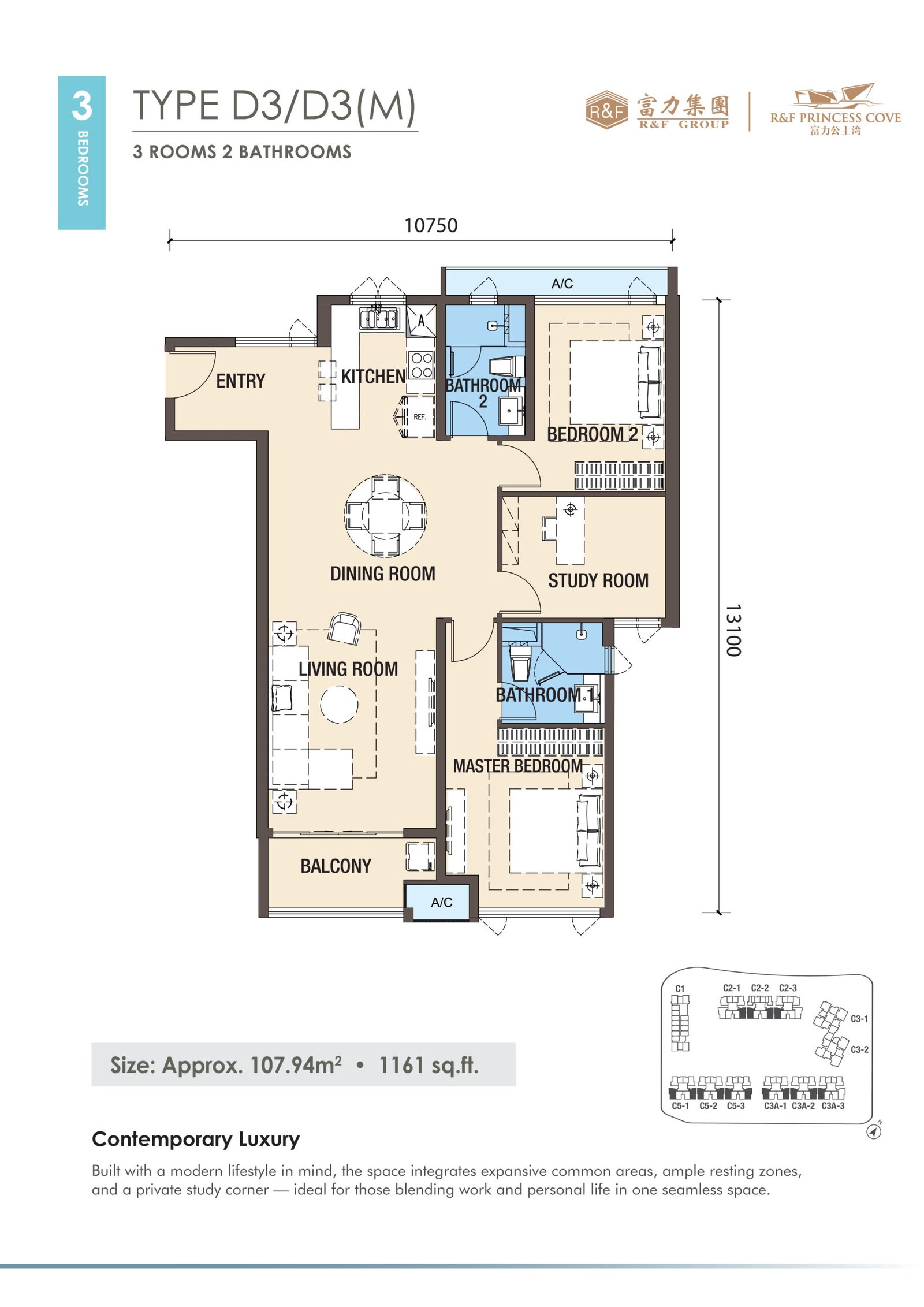 R&F Princess Cove Phase 3 Type D3 floor plan — 1,161 sq ft three-bedroom, Johor Bahru
