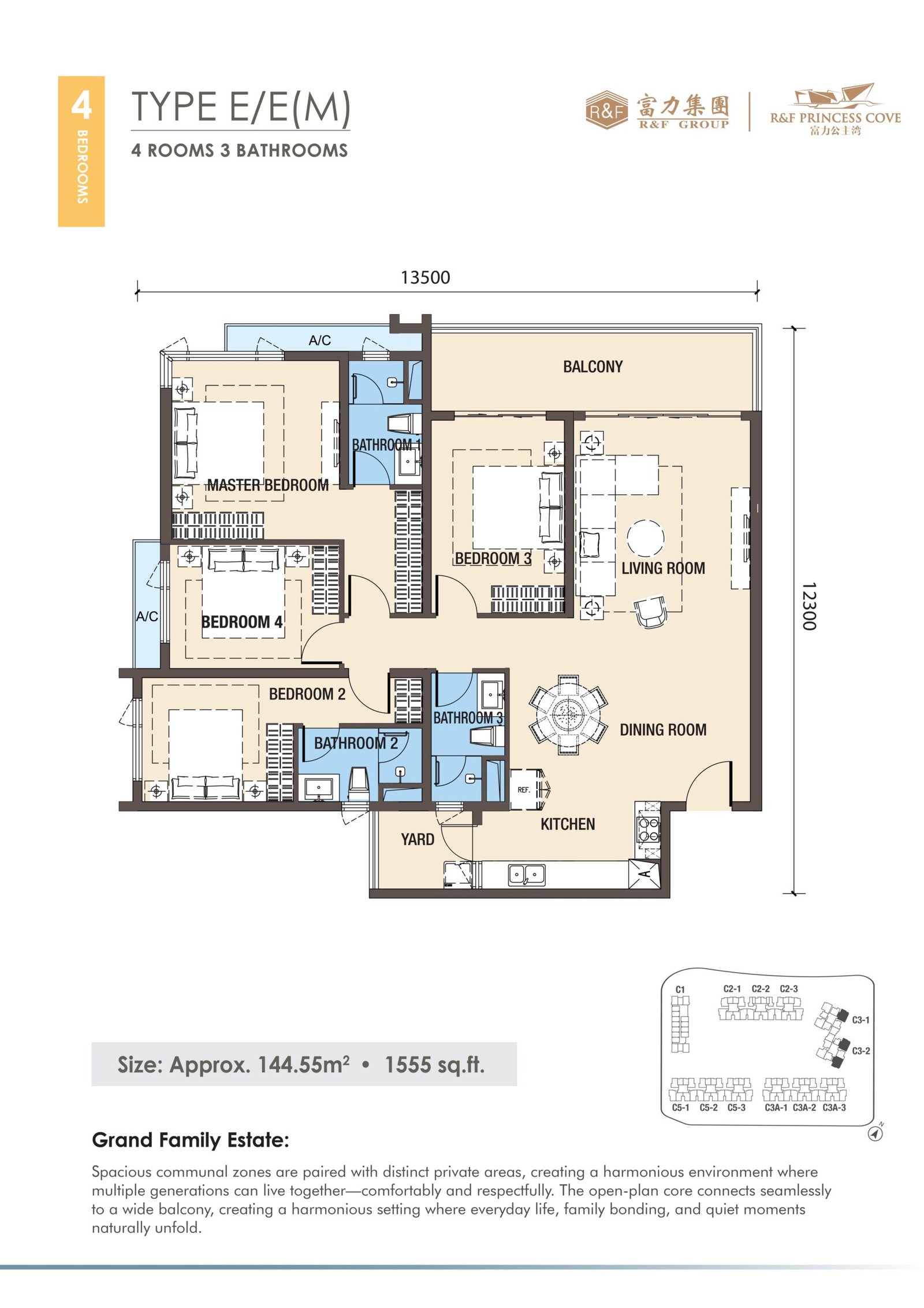 R&F Princess Cove Phase 3 Type E floor plan — 1,555 sq ft four-bedroom, Johor Bahru