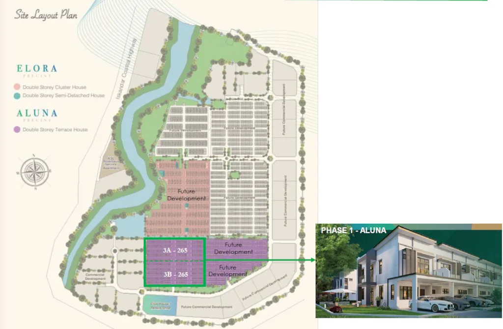 Aluna precinct site plan at Riveria Garden @ Wawari showing the layout of the terrace lots, Iskandar Puteri, Johor