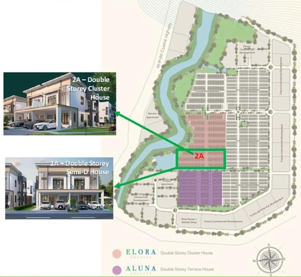 Elora 2A site plan at Riveria Garden @ Wawari showing the cluster and semi-detached lot layout across 18.88 acres, Iskandar Puteri