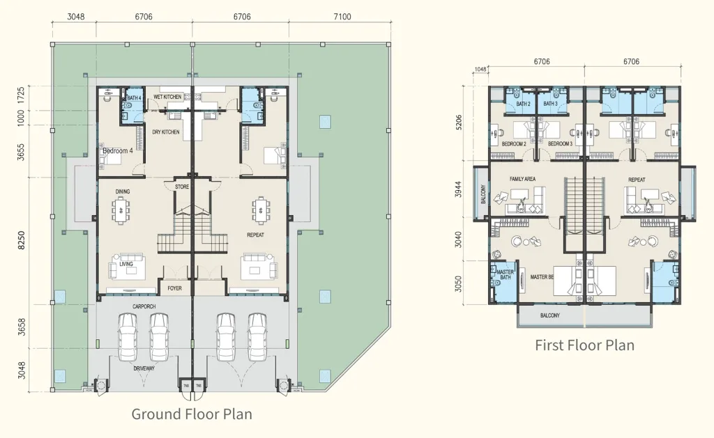 Elora double-storey semi-detached floor plan at Riveria Garden @ Wawari — 2,470 sq ft with 4+1 bedrooms, four bathrooms and two balconies, Iskandar Puteri