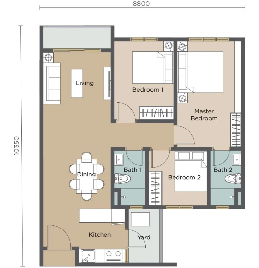 Riverville Residences 2 B 型户型图 —— 851 平方尺3 房 2 卫，吉隆坡旧巴生路