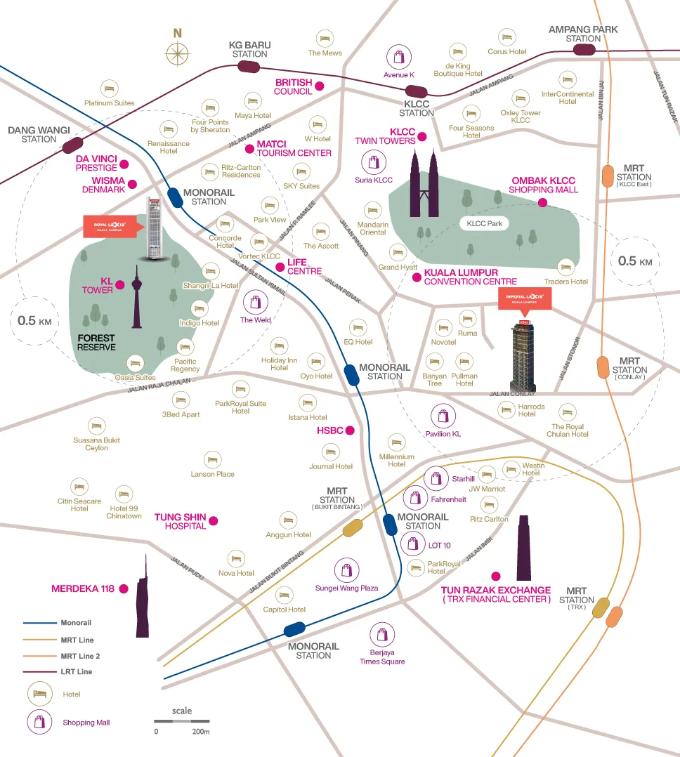 Official location map for Royal Lexis Kuala Lumpur showing landmarks around Jalan Sultan Ismail, Kuala Lumpur