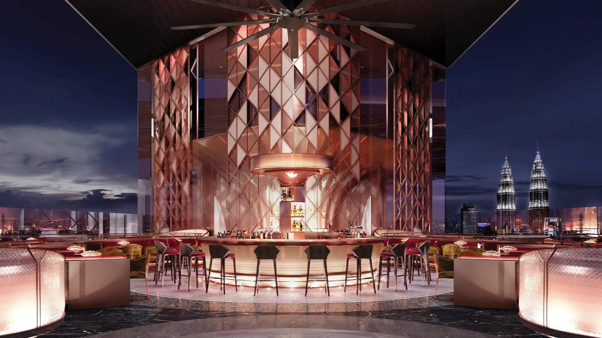 Top floor sky bar at Royal Lexis Kuala Lumpur overlooking the Kuala Lumpur skyline