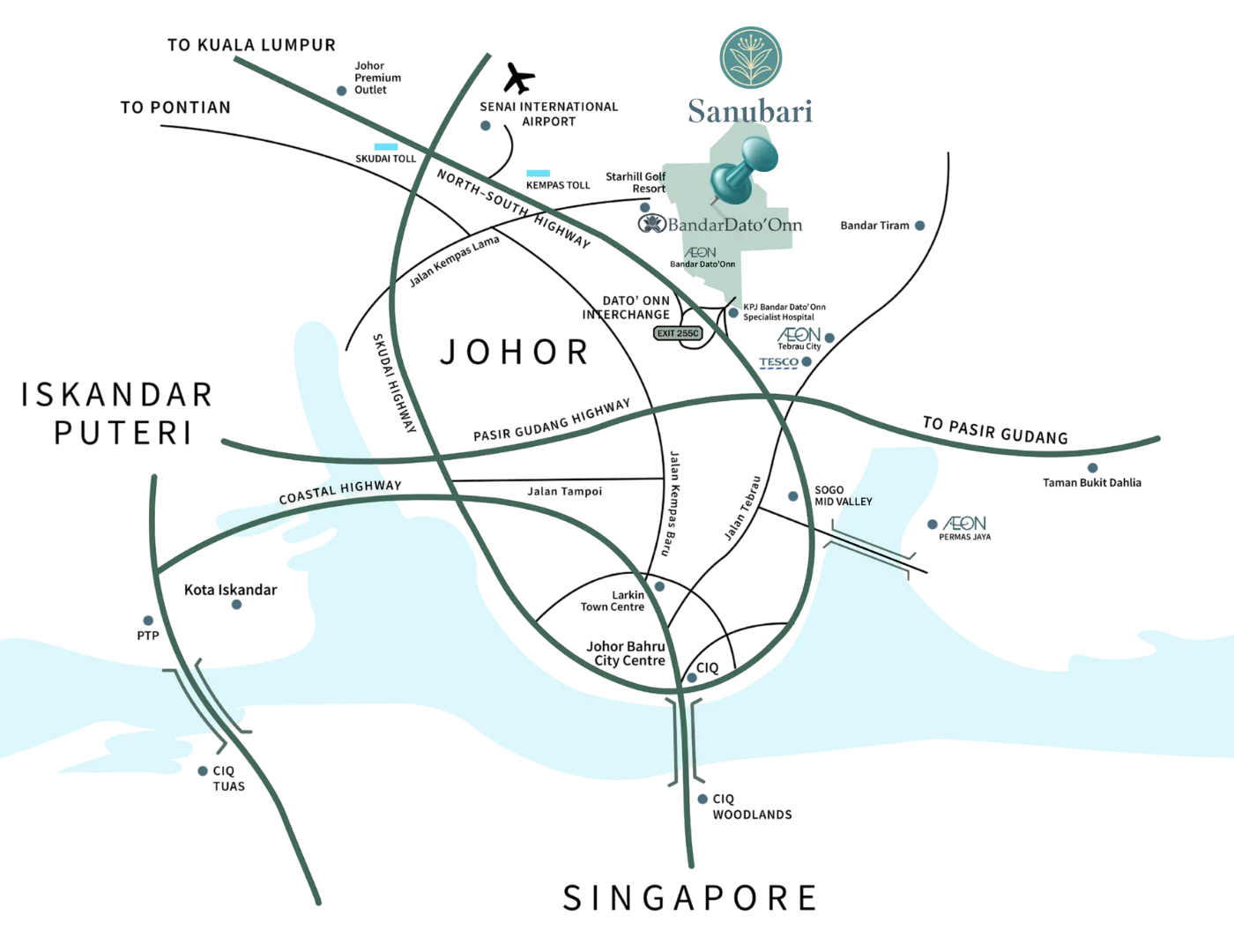 JLand amenity map showing drive distances from Sanubari to AEON Mall, KPJ hospital, schools and the CIQ, Bandar Dato’ Onn, Johor Bahru