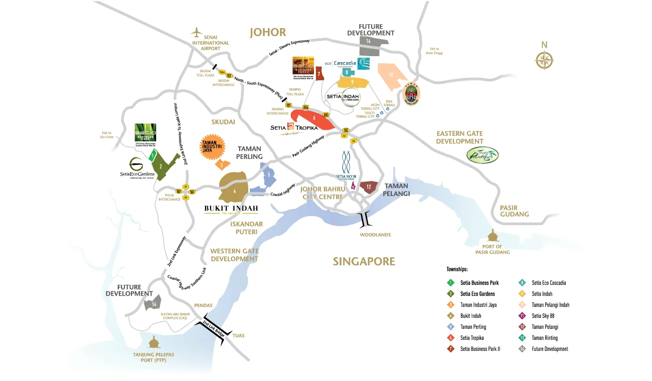 S P Setia location and connectivity graphic for Setia Business Park II, showing highway and port links from Mukim Tebrau, Johor Bahru