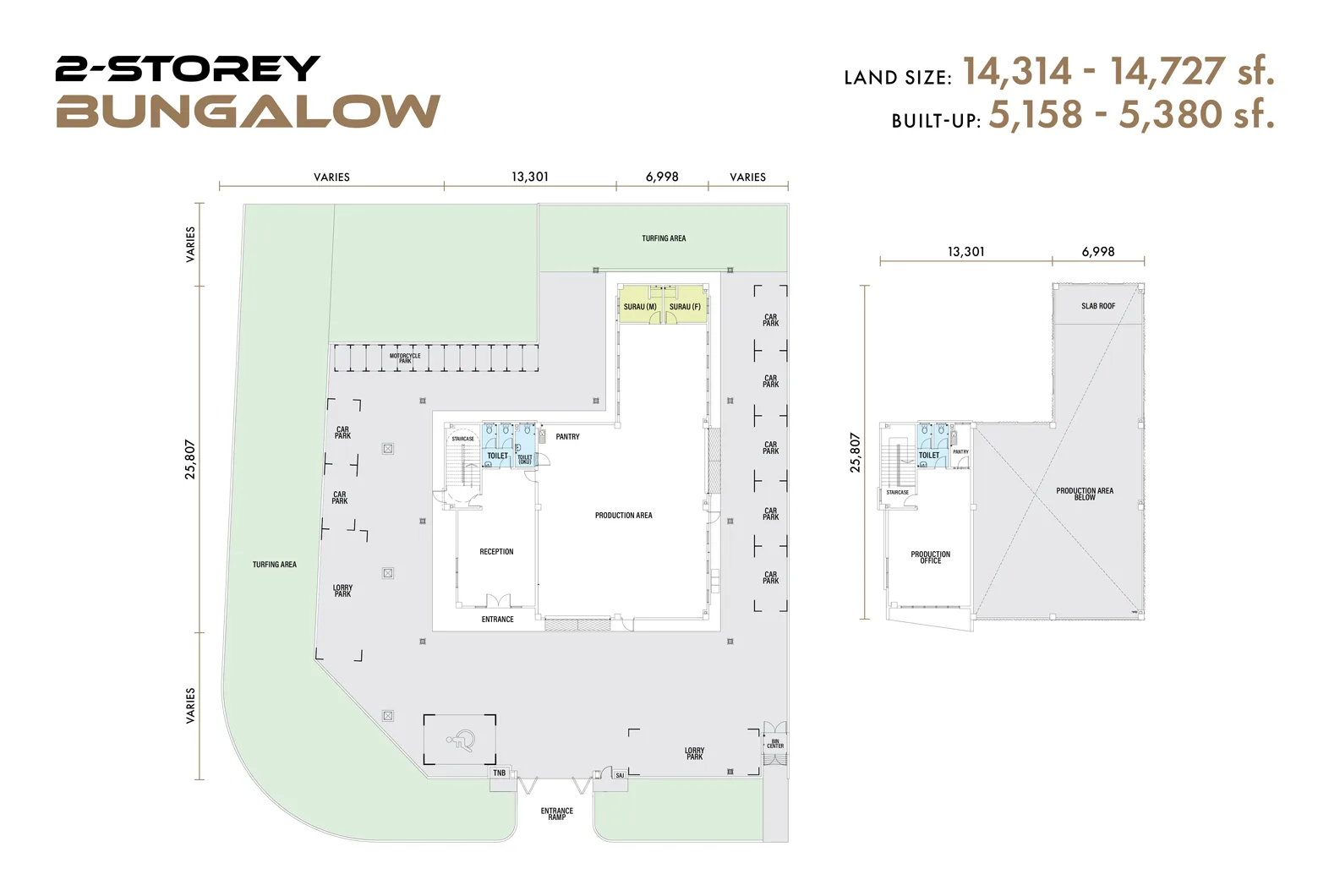 Setia Edge detached bungalow factory floor plan — 5,158 to 5,380 sq ft built-up on a 14,314 to 14,727 sq ft lot, Setia Business Park II, Johor Bahru