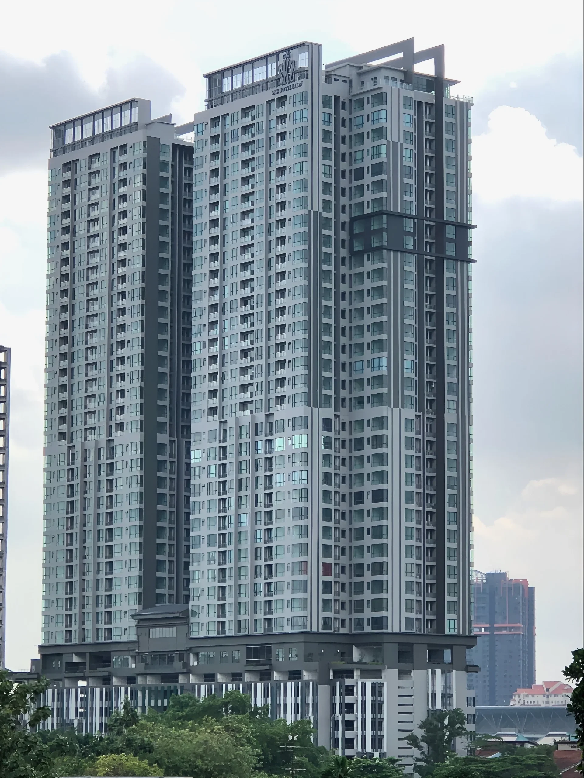Facade of the 39-storey SKS Pavillion Residences towers next to SKS City Mall, Johor Bahru