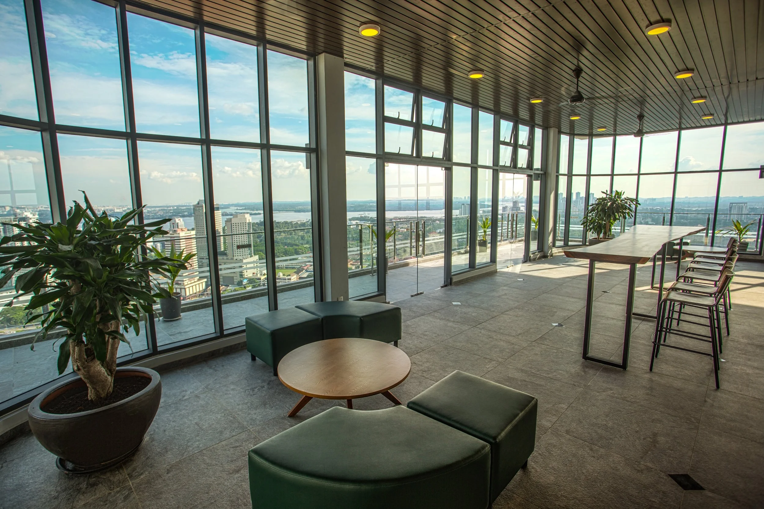 Sky lounge on Level 39 at SKS Pavillion Residences, overlooking Johor Bahru and the Straits of Johor