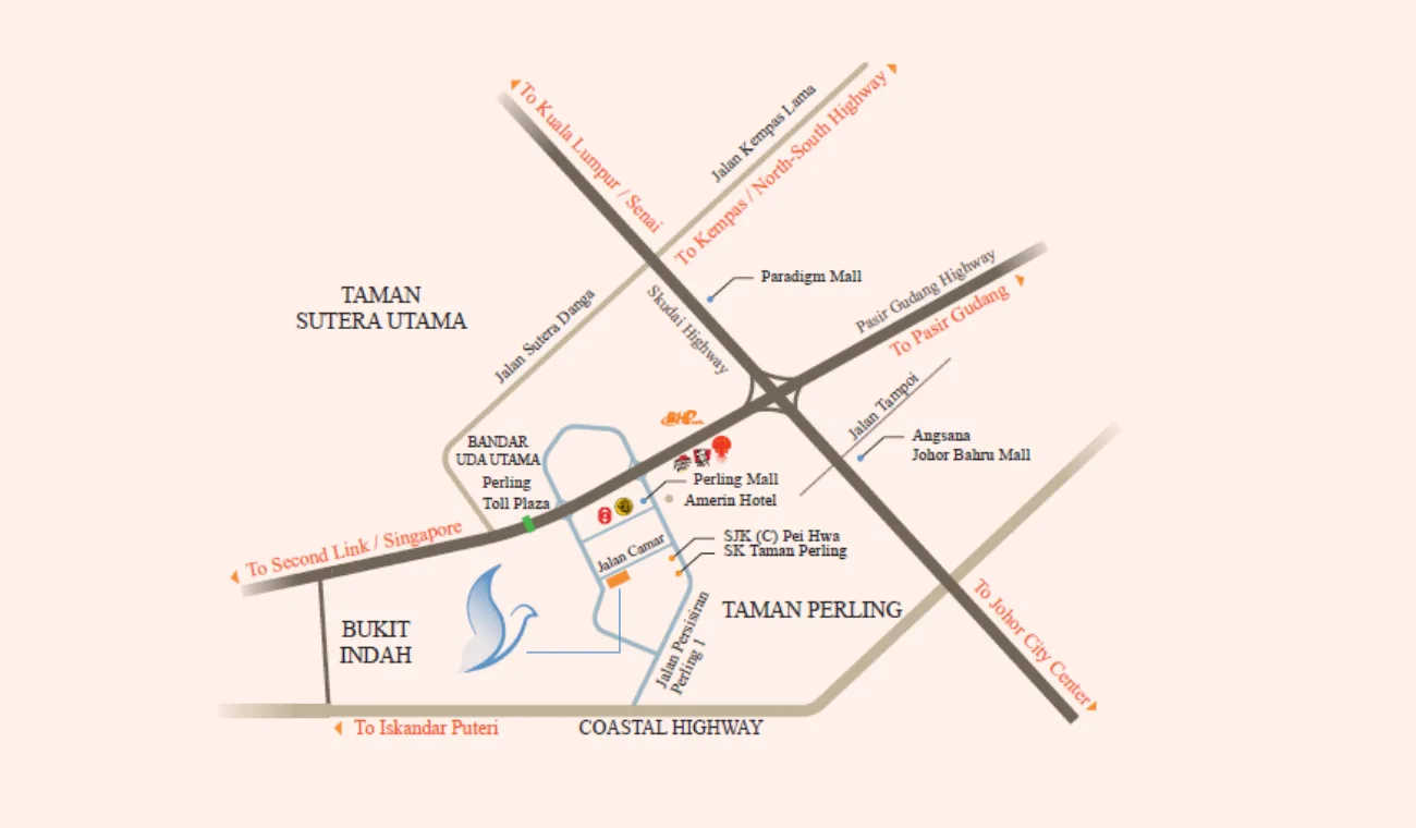 S P Setia official location map for Sky Curve @ Taman Perling showing schools, malls and highway access, Johor Bahru