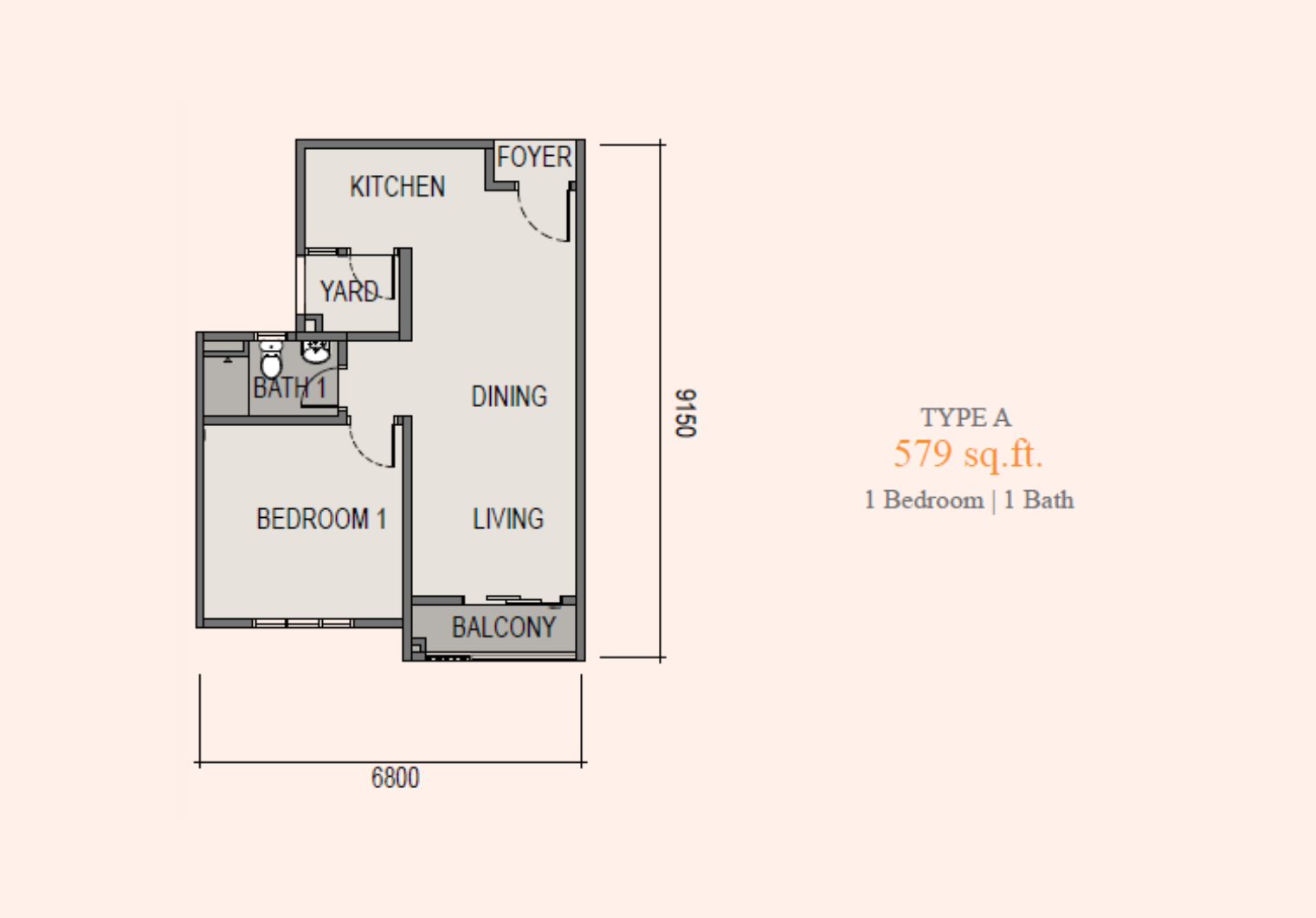 Sky Curve @ Taman Perling Type A floor plan — 579 sq ft one-bedroom serviced apartment, S P Setia, Johor Bahru