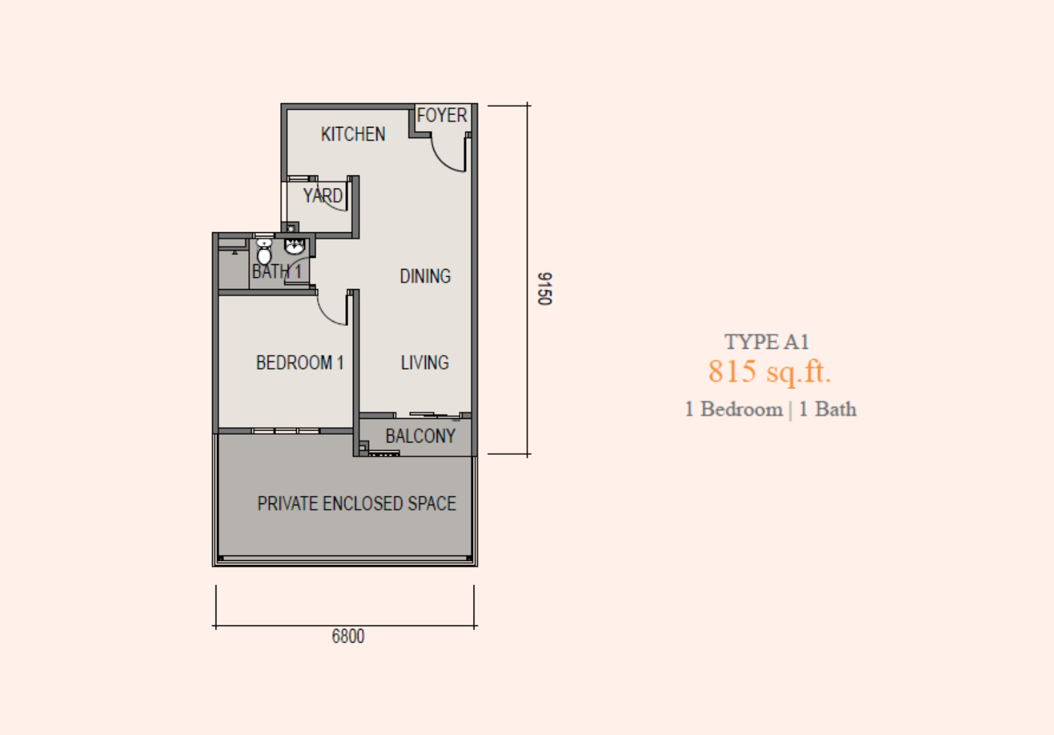Sky Curve @ Taman Perling Type A1 floor plan — 815 sq ft one-bedroom with private enclosed space, Johor Bahru