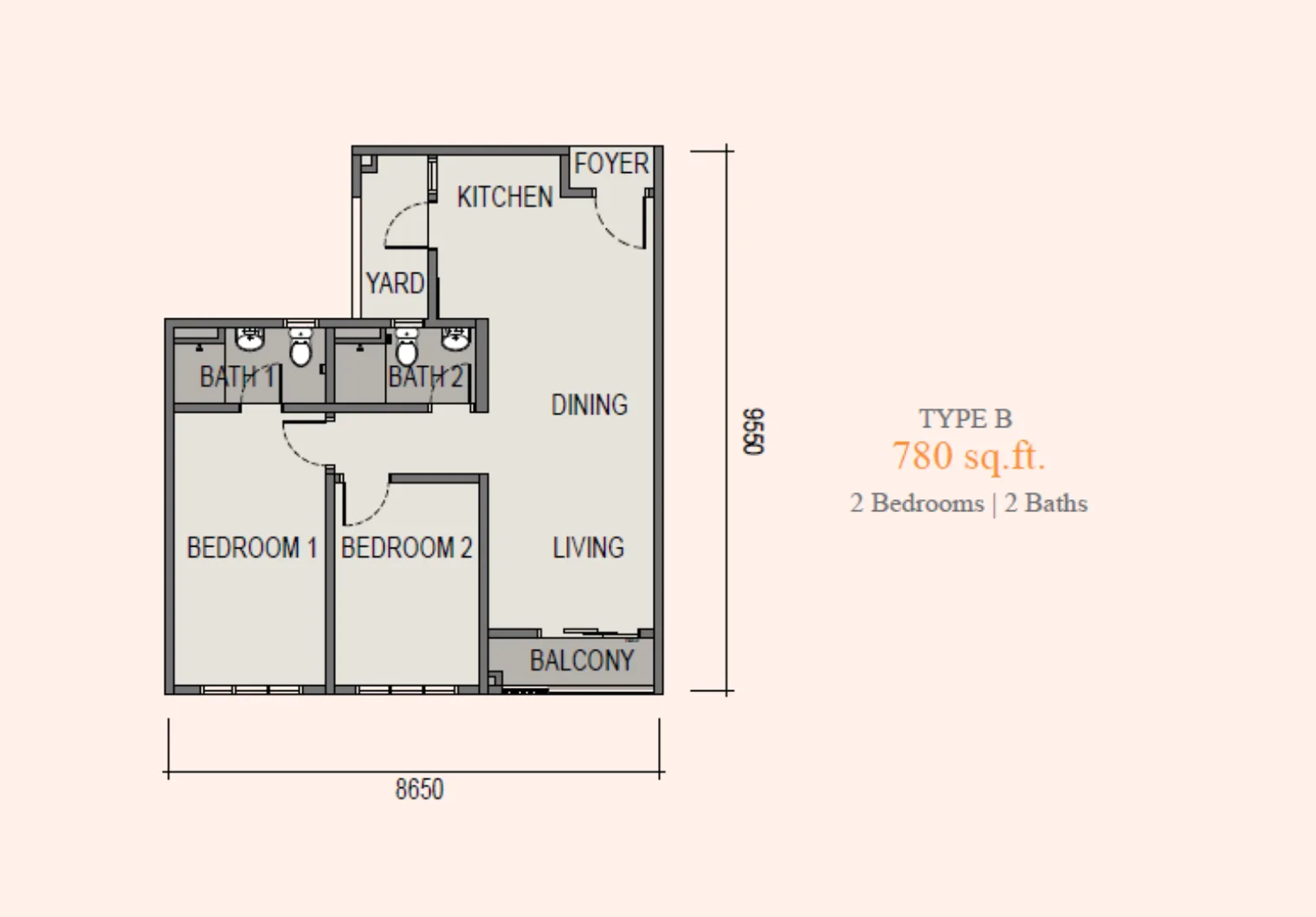 Sky Curve @ Taman Perling Type B floor plan — 780 sq ft two-bedroom two-bathroom serviced apartment, Johor Bahru