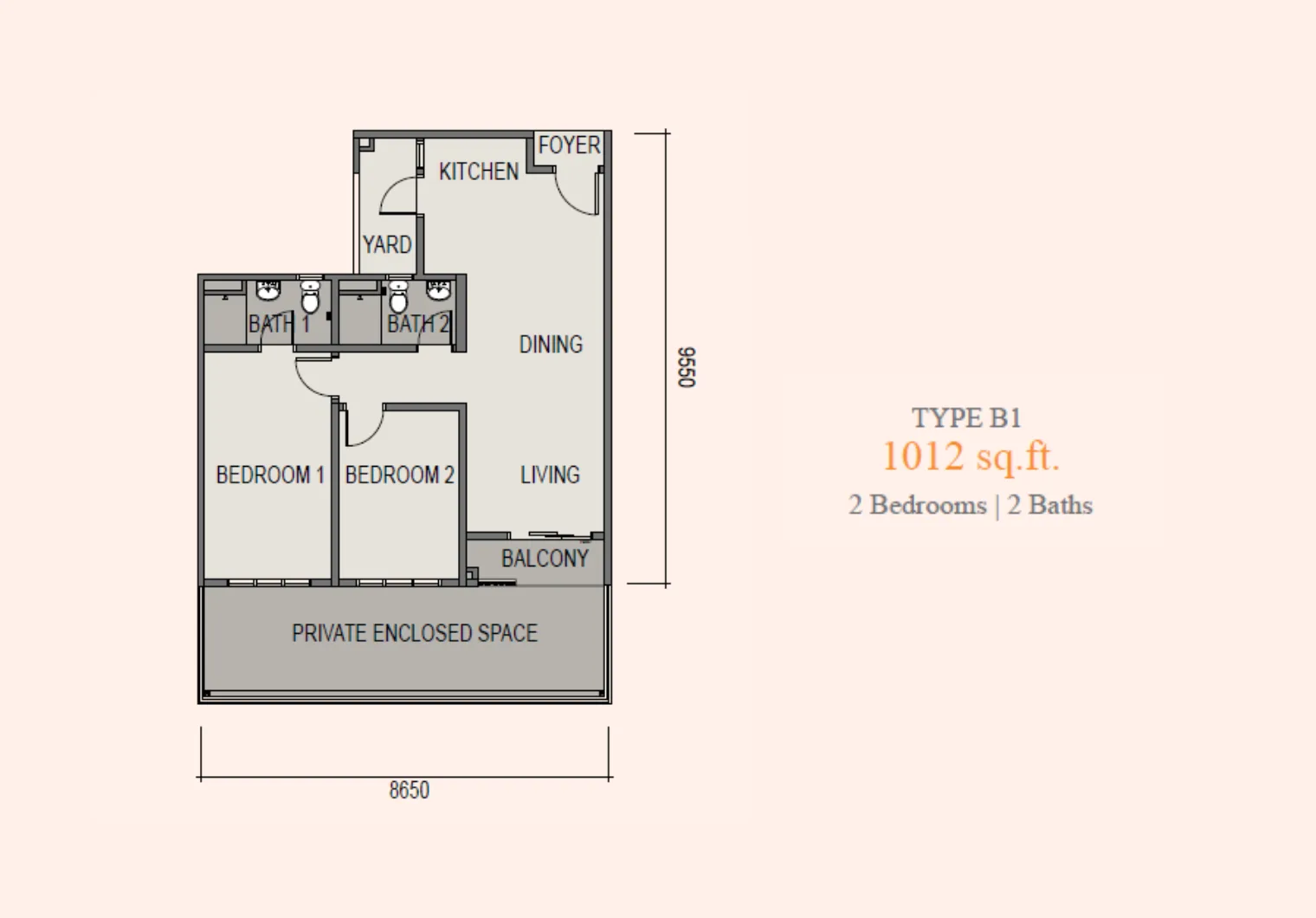 Sky Curve @ Taman Perling Type B1 floor plan — 1,012 sq ft two-bedroom with private enclosed space, Johor Bahru