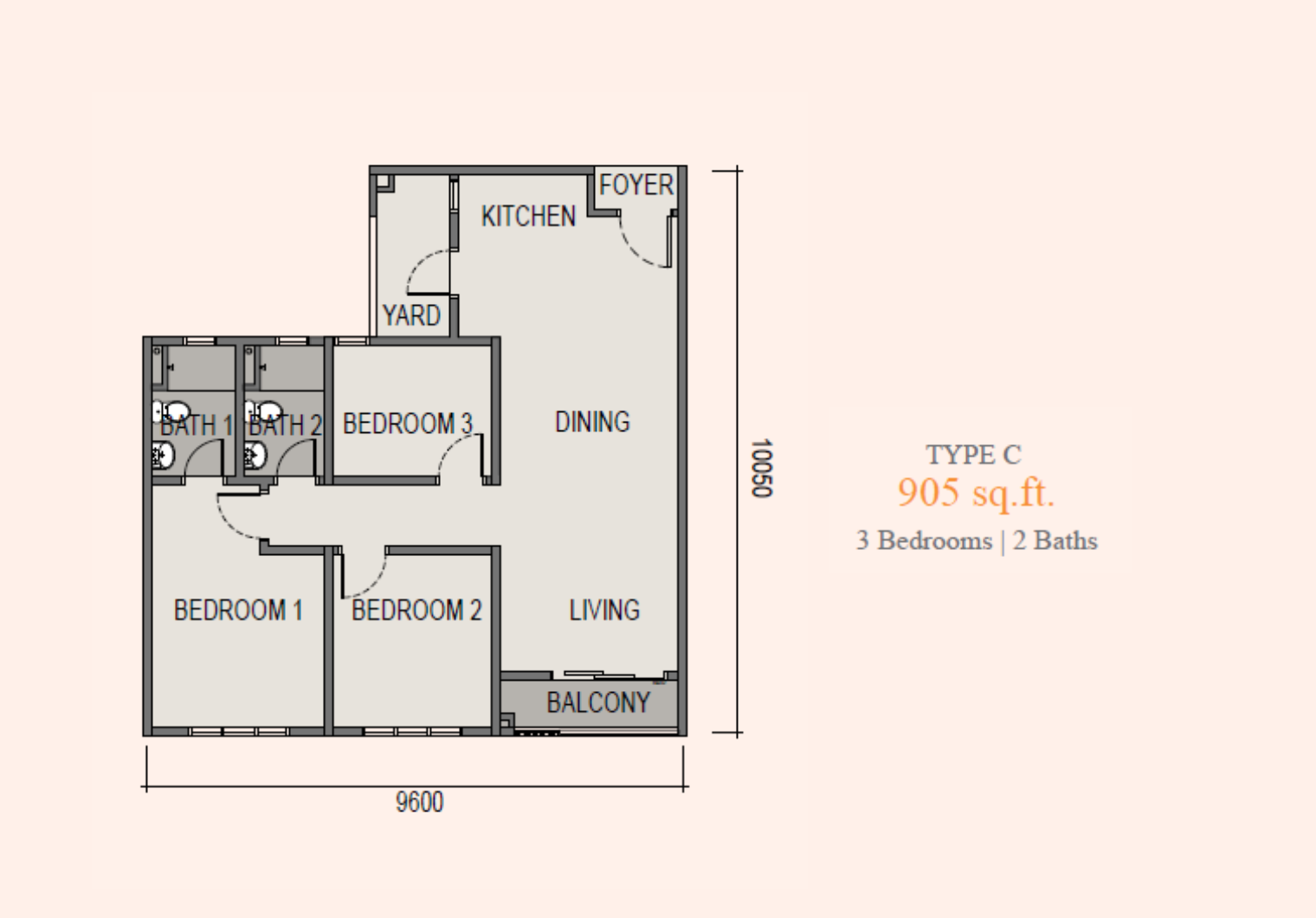 Sky Curve @ Taman Perling Type C floor plan — 905 sq ft three-bedroom two-bathroom serviced apartment, Johor Bahru