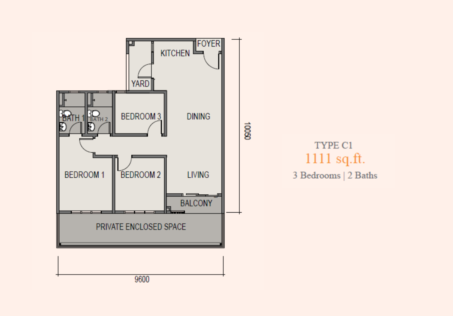 Sky Curve @ Taman Perling Type C1 floor plan — 1,111 sq ft three-bedroom with private enclosed space, Johor Bahru