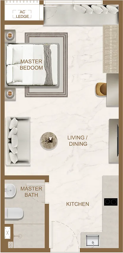 Skyline One Sentosa Type D floor plan — 430 sq ft one-bedroom in Aloft Tower, Taman Sentosa, Johor Bahru