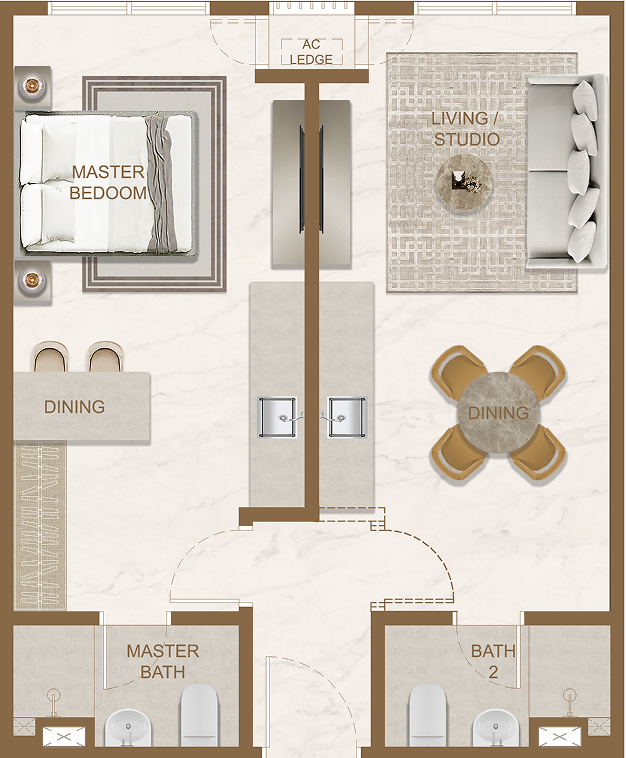 Skyline One Sentosa Type E floor plan — 600 sq ft two-bedroom dual-key in Aloft Tower, Taman Sentosa, Johor Bahru
