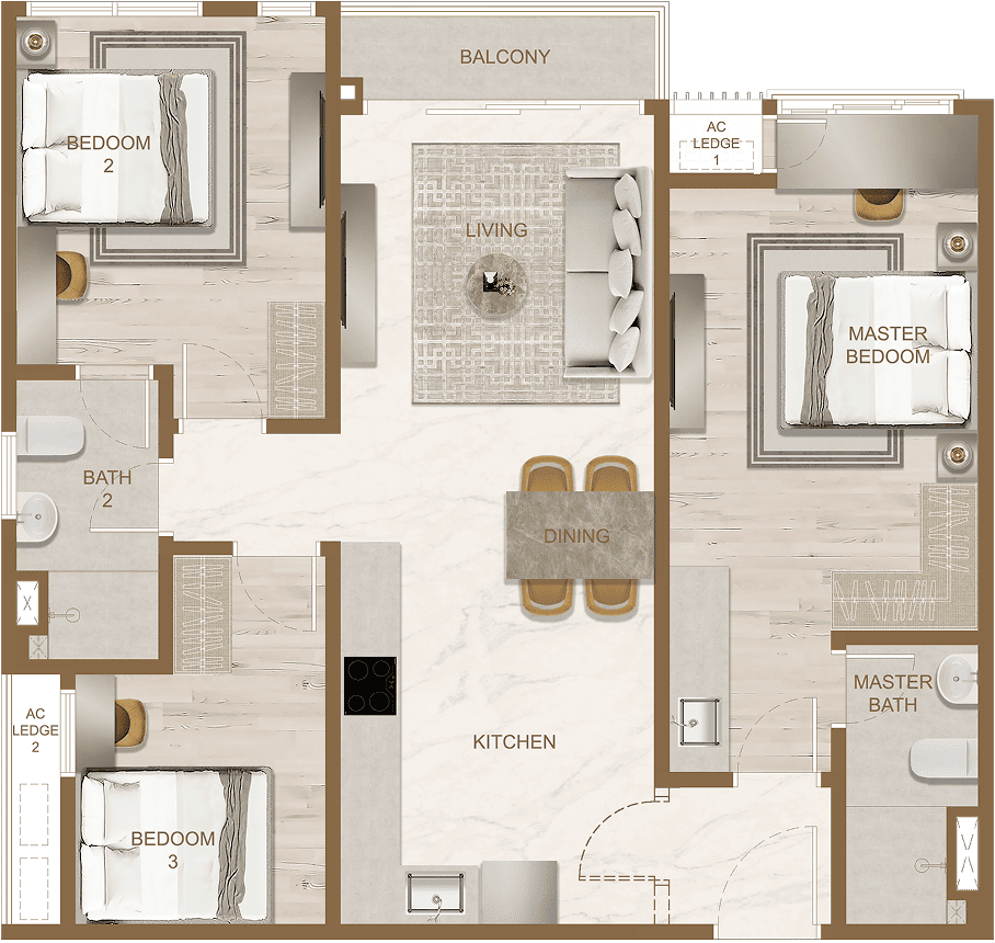 Skyline One Sentosa Type F floor plan — 968 sq ft three-bedroom dual-key in Aloft Tower, Taman Sentosa, Johor Bahru