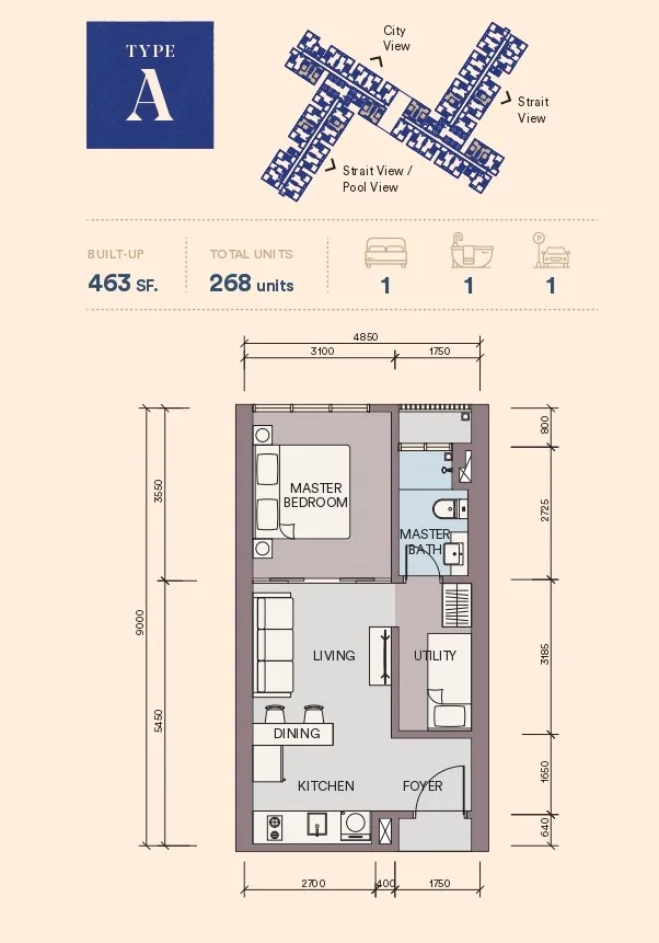 Skypark Kepler Type A floor plan — 463 sq ft one-bedroom one-bathroom, Lido Waterfront Boulevard, Johor Bahru
