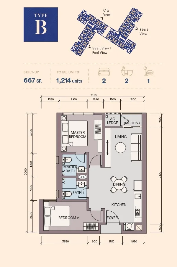Skypark Kepler Type B floor plan — 667 sq ft two-bedroom two-bathroom, Lido Waterfront Boulevard, Johor Bahru