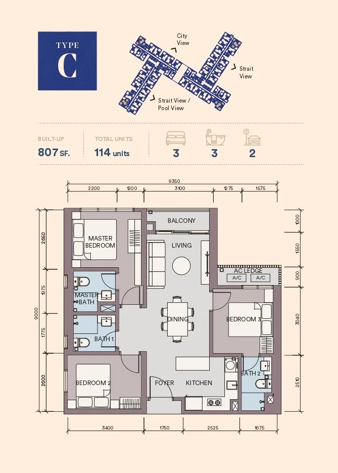 Skypark Kepler Type C floor plan — 807 sq ft three-bedroom three-bathroom, Lido Waterfront Boulevard, Johor Bahru