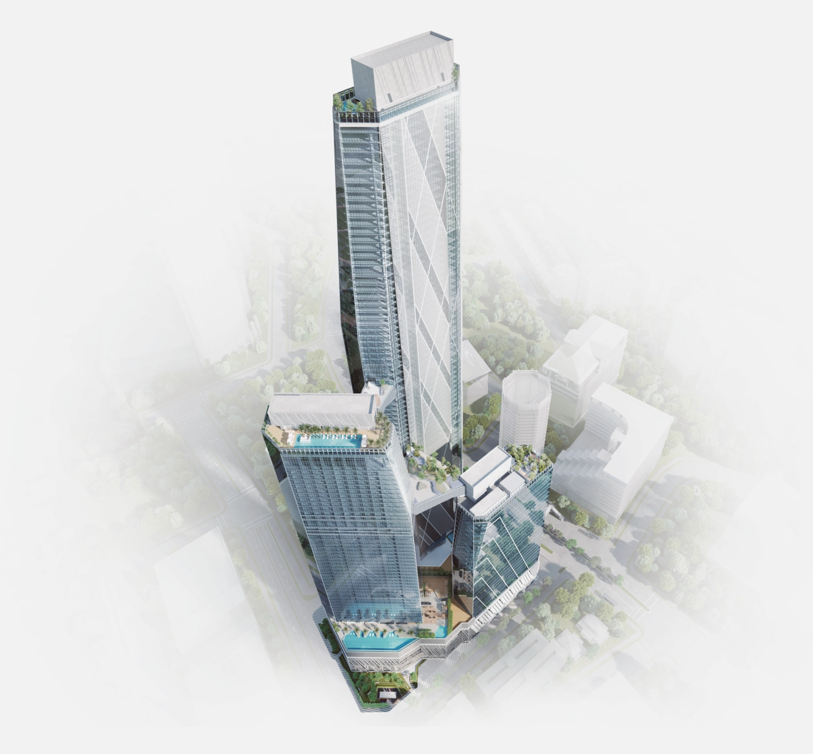Massing diagram of the three towers at Oxley Towers KLCC — SO/ Kuala Lumpur Hotel and Residences, The Langham with Jewel Residences, and the office tower, Kuala Lumpur
