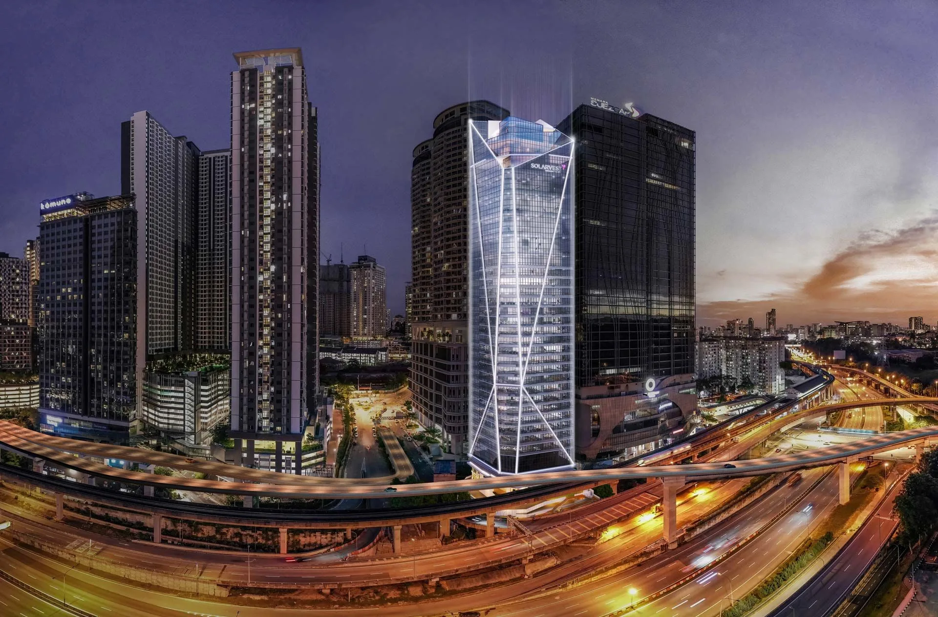 Solarvest Suites 34-storey office tower at dusk in Bangsar South (Kampung Kerinchi), Kuala Lumpur — artist's impression by Chin Hin Group Property
