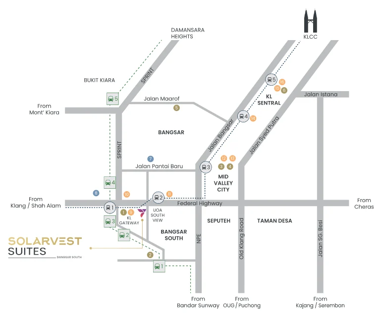 Developer location map for Solarvest Suites showing Universiti and Kerinchi LRT stations and the future MRT3 alignment, Bangsar South, Kuala Lumpur