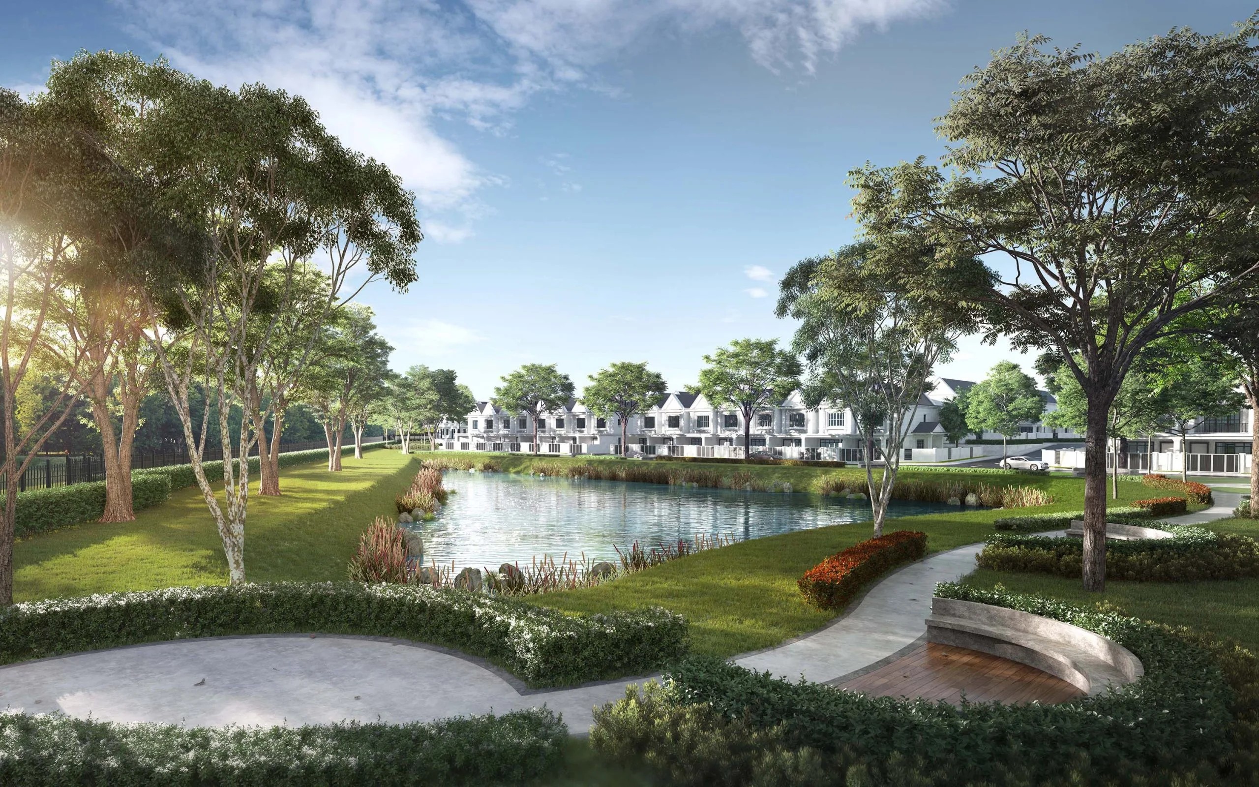 Landscaped pond fronting the terrace homes at South Hills @ Seri Alam, Masai, Johor