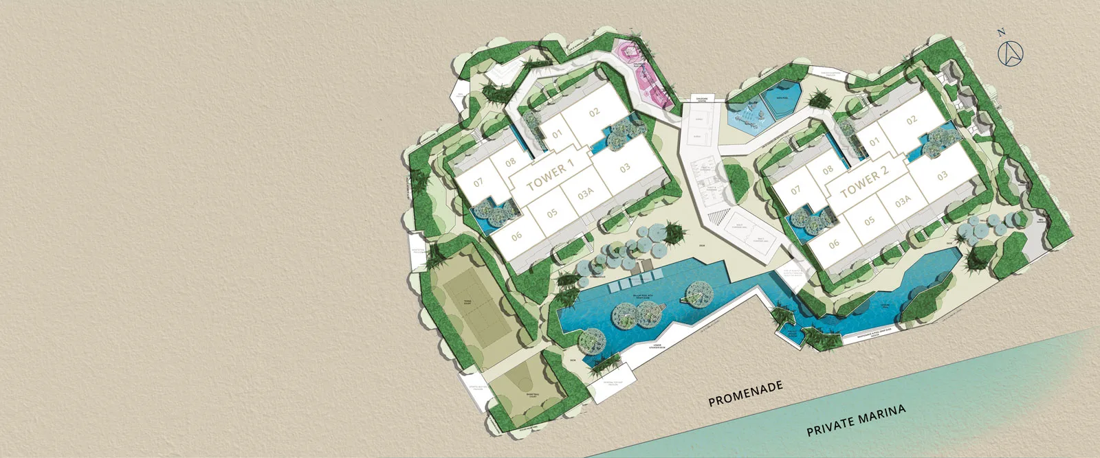 Southern Marina Residences official facilities site map showing the 13 numbered facilities across the podium deck, Puteri Harbour, Johor