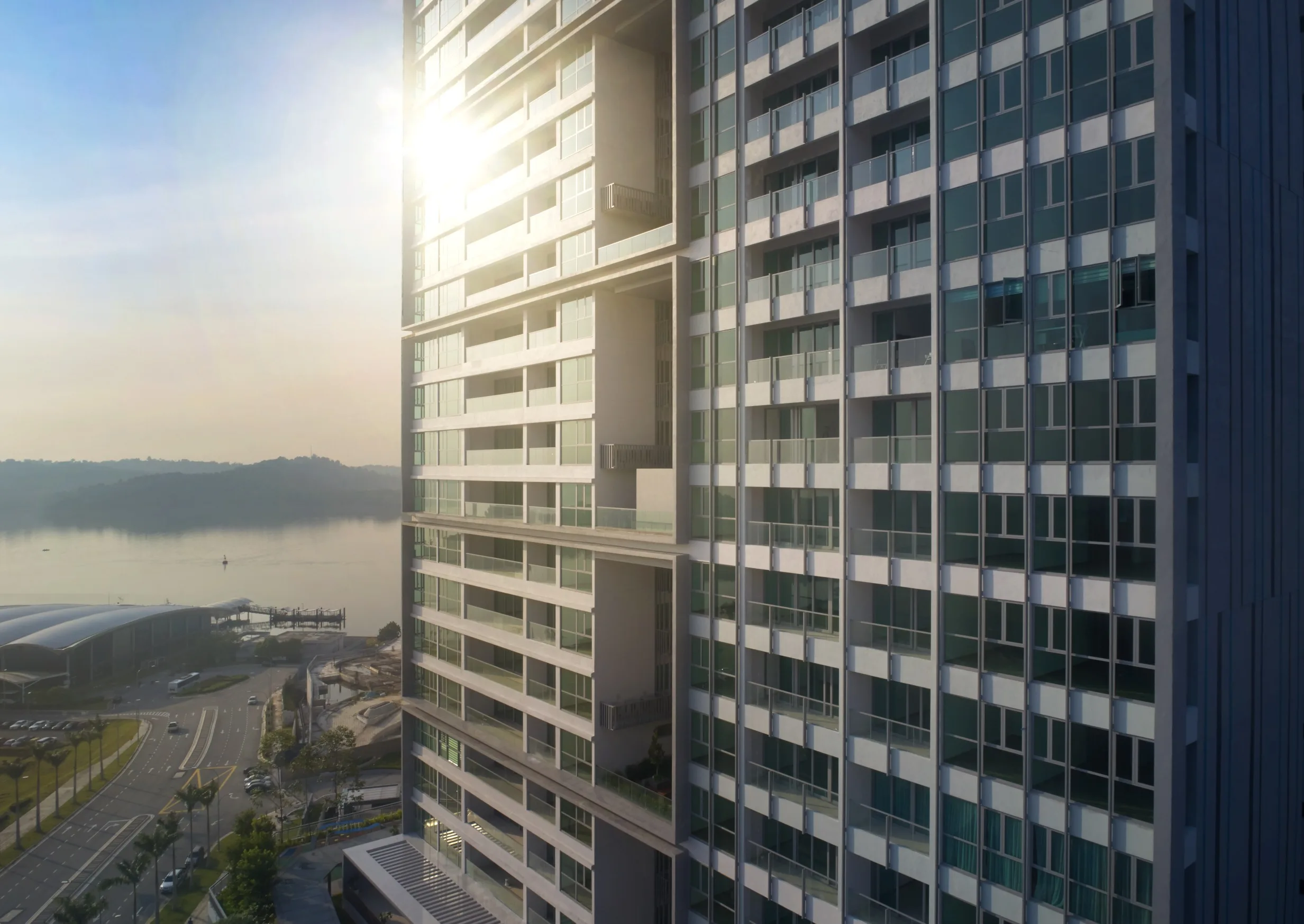 Aerial photograph of the two Southern Marina Residences towers on the Puteri Harbour waterfront, Johor