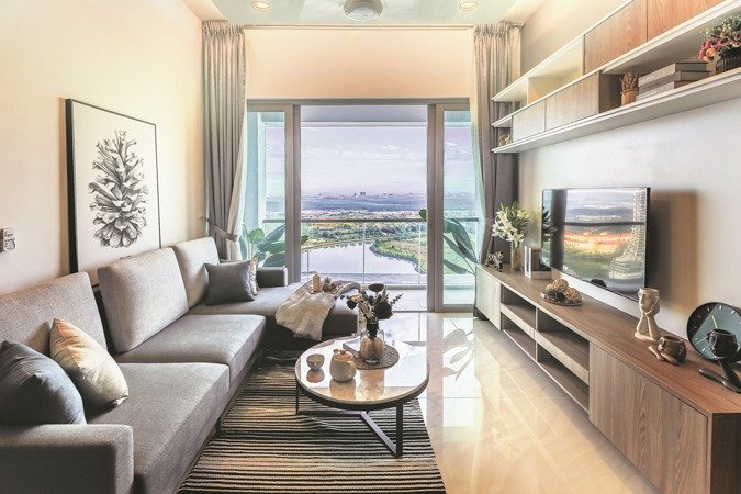 Living area of a Type A 1+1 bedroom unit at Southern Marina Residences, Puteri Harbour, developer show unit photography