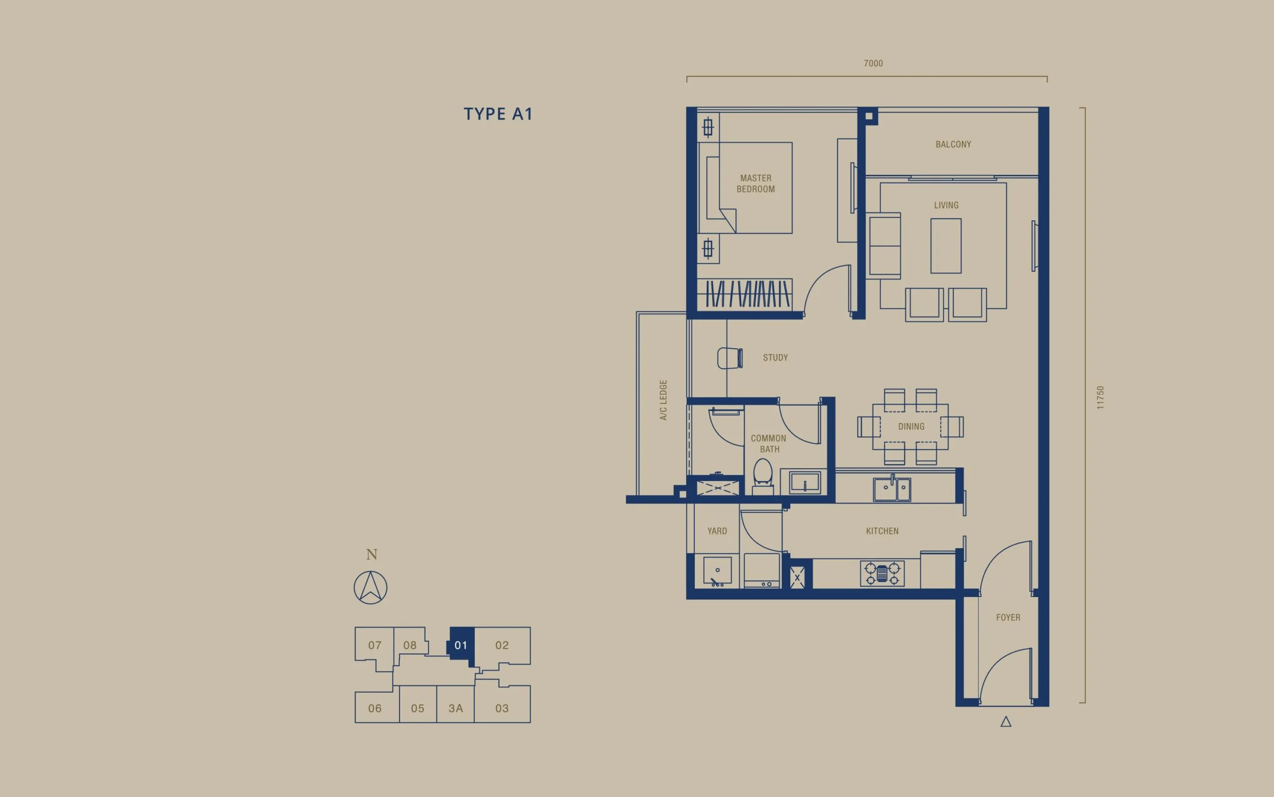 Southern Marina Residences Type A1 floor plan — 769 sq ft, 71.47 sqm, 1+1 bedroom, Puteri Harbour, Johor