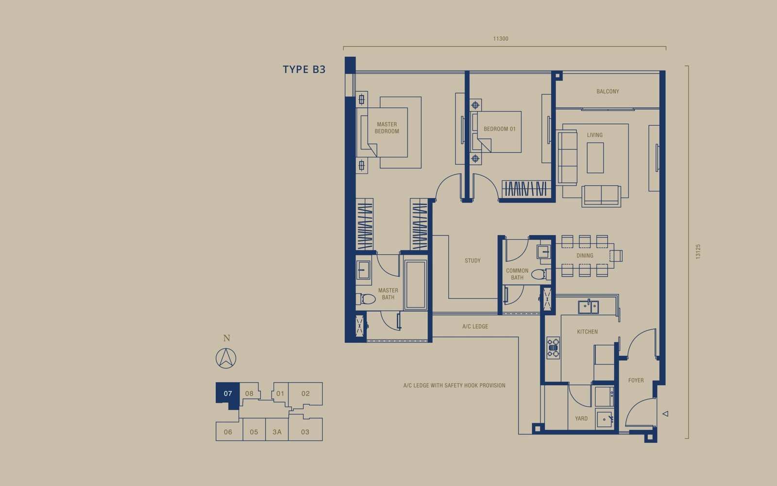 Southern Marina Residences Type B3 floor plan — 1,306 sq ft, 121.36 sqm, 2+1 bedroom, Puteri Harbour, Johor