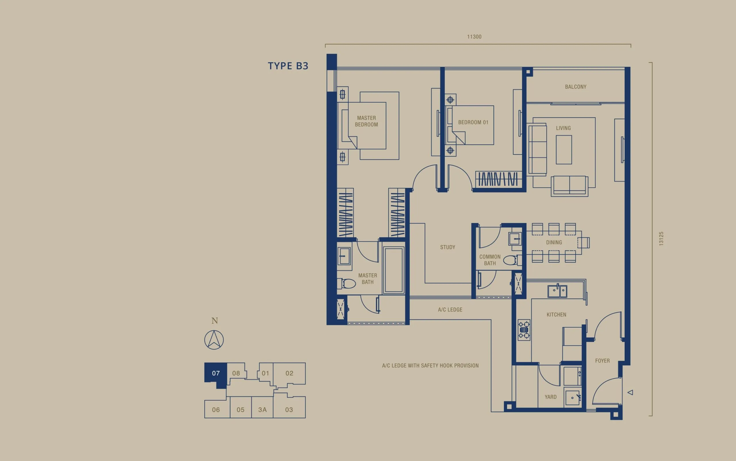 Southern Marina Residences Type B3 floor plan — 1,306 sq ft, 121.36 sqm, 2+1 bedroom, Puteri Harbour, Johor