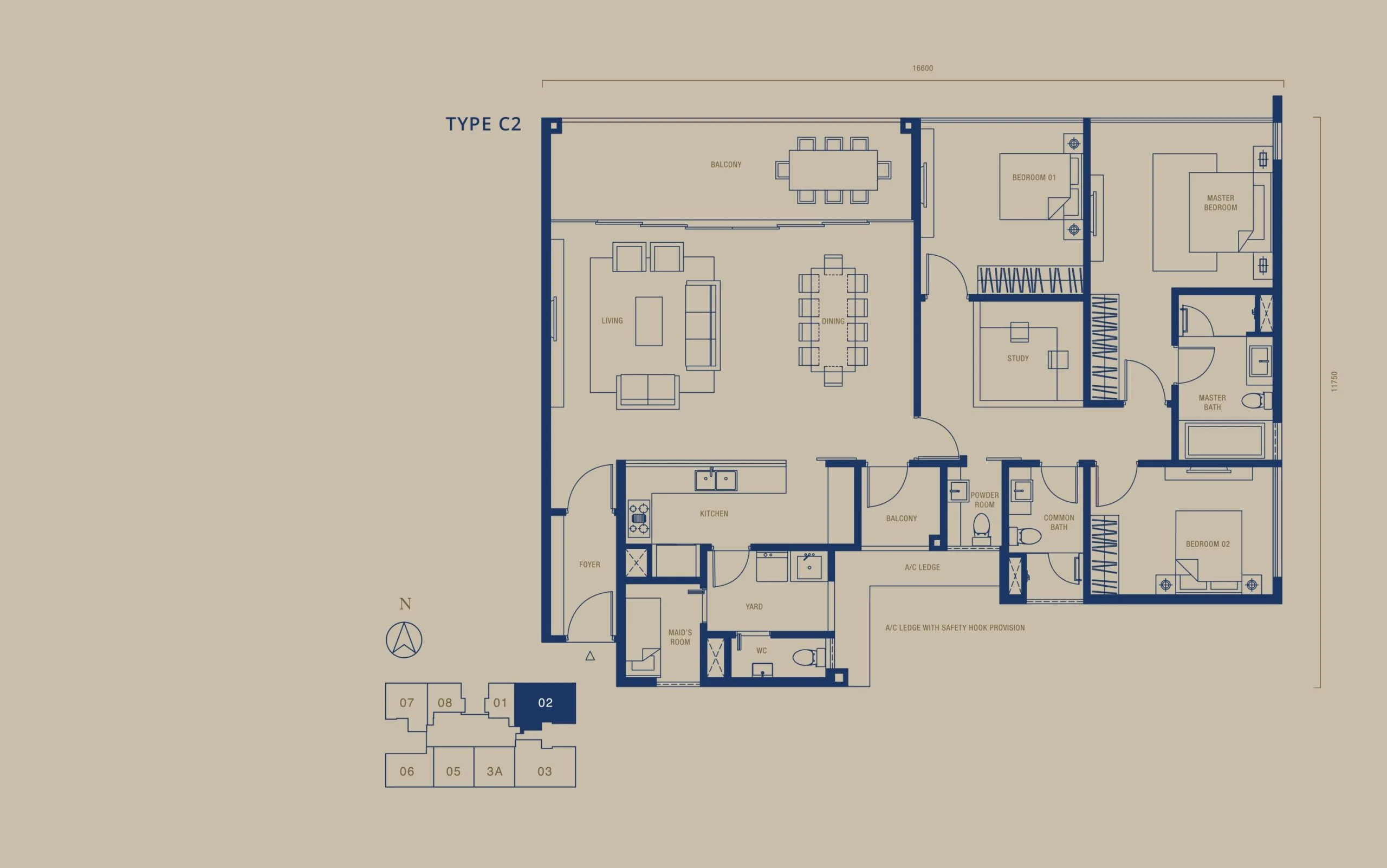 Southern Marina Residences Type C2 floor plan — 2,001 sq ft, 185.91 sqm, 3+1 bedroom with a 210 sq ft balcony, Puteri Harbour, Johor