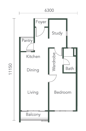 Southkey NADI Residences Type A2a, A2b and A2c floor plan — 649 sq ft one-bedroom variant, Johor Bahru