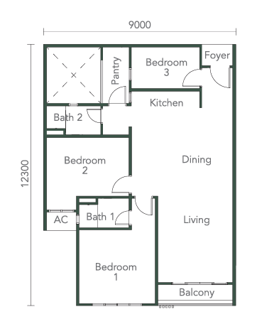 Southkey NADI Residences Type C1 floor plan — 1,050 sq ft three-bedroom, Kota Southkey, Johor Bahru