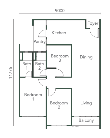 Southkey NADI Residences Type C2 floor plan — 1,050 sq ft three-bedroom variant, Johor Bahru