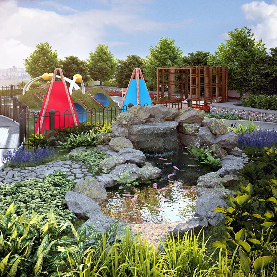 Landscaped garden and pond in the podium grounds of Space Residency @ JB City Centre, Johor Bahru