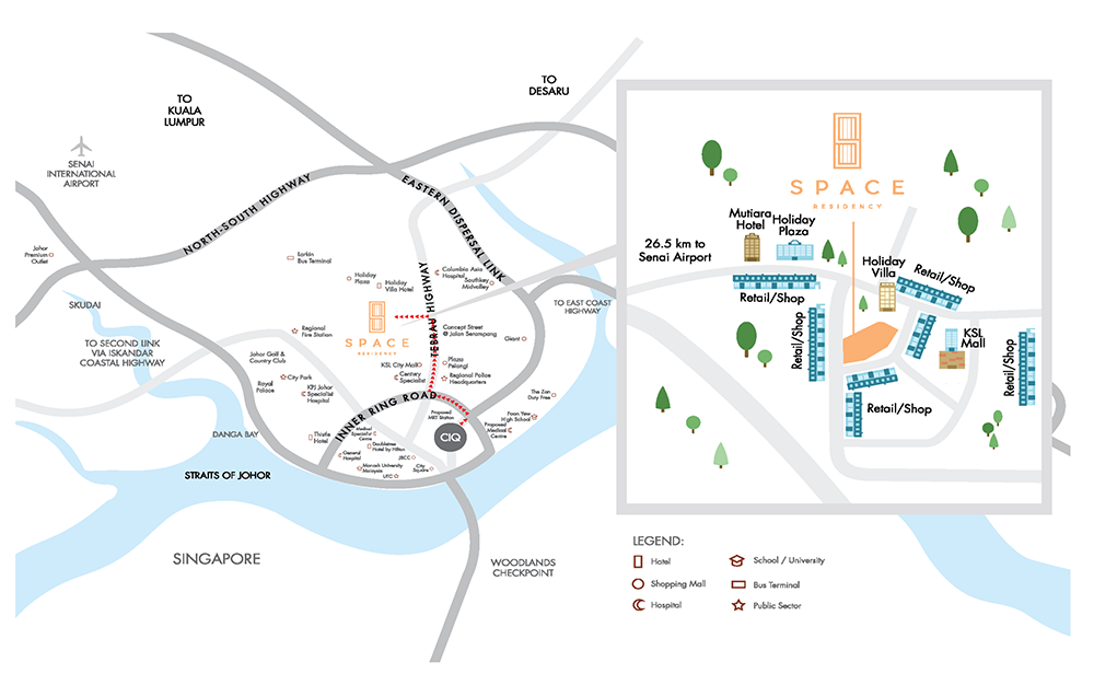 Developer location map showing Space Residency @ JB City Centre beside KSL City Mall on Jalan Harimau, Taman Abad, Johor Bahru