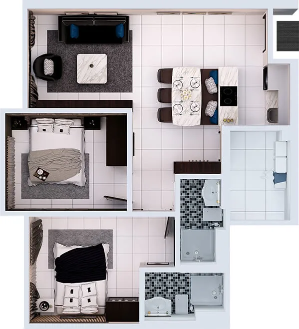 Space Residency @ JB City Centre Type B floor plan — 745 sq ft two-bedroom, Johor Bahru