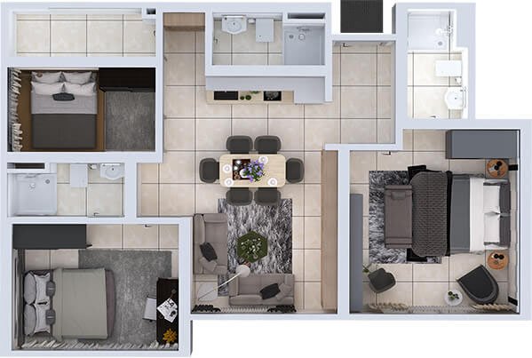 Space Residency @ JB City Centre Type C floor plan — 880 sq ft three-bedroom dual-key, Johor Bahru