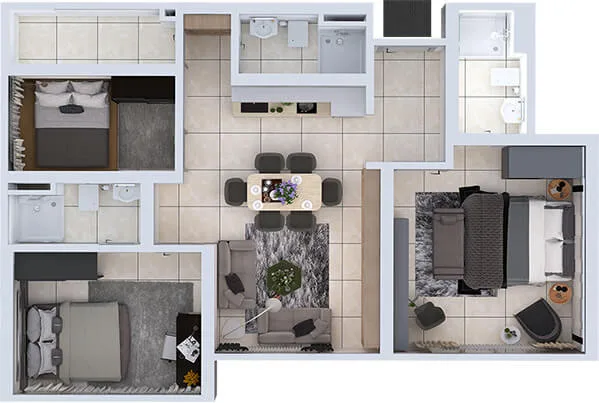 Space Residency @ JB City Centre Type C floor plan — 880 sq ft three-bedroom dual-key, Johor Bahru
