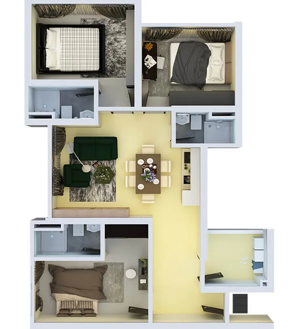 Space Residency @ JB City Centre Type C1 floor plan — three-bedroom dual-key variant, Johor Bahru
