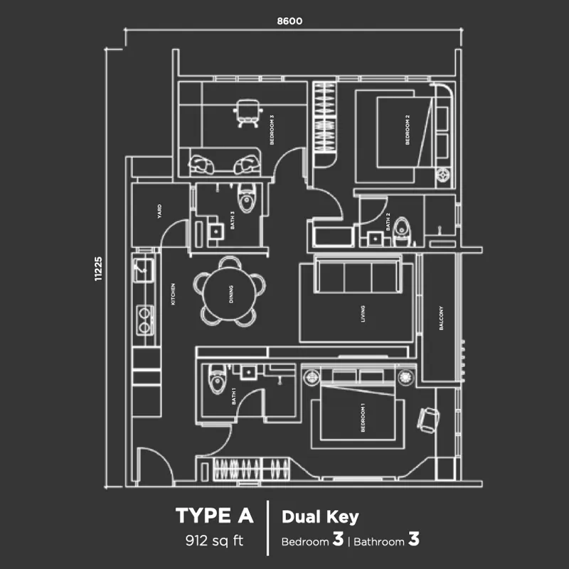 Summer Suites Johor Bahru Type A floor plan — 912 sq ft three-bedroom dual-key, Jalan Bukit Meldrum
